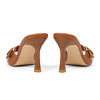 Rich Brown Women's Open-Toe Flared-Heel Microfiber Toe-Strap Pumps heel detail