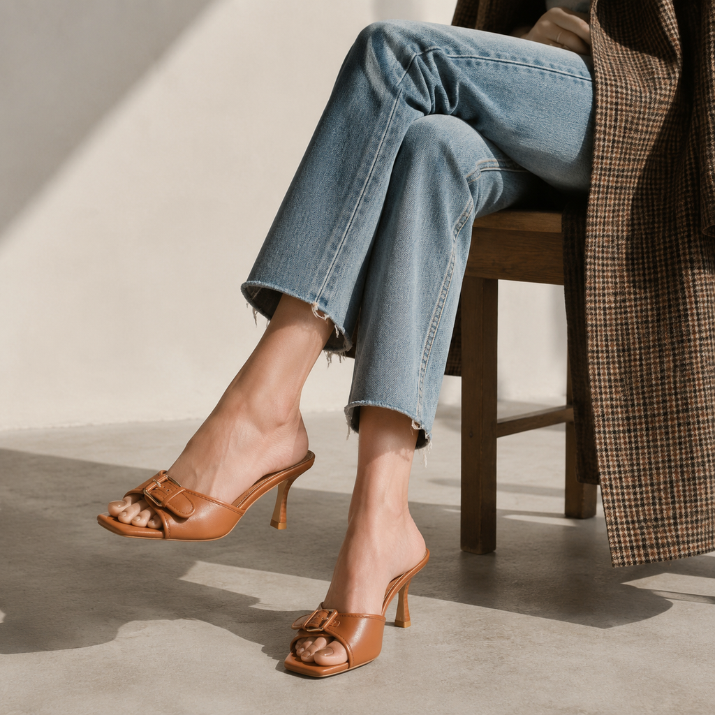 Rich Brown Women's Open-Toe Flared-Heel Microfiber Toe-Strap Pumps lifestyle scene