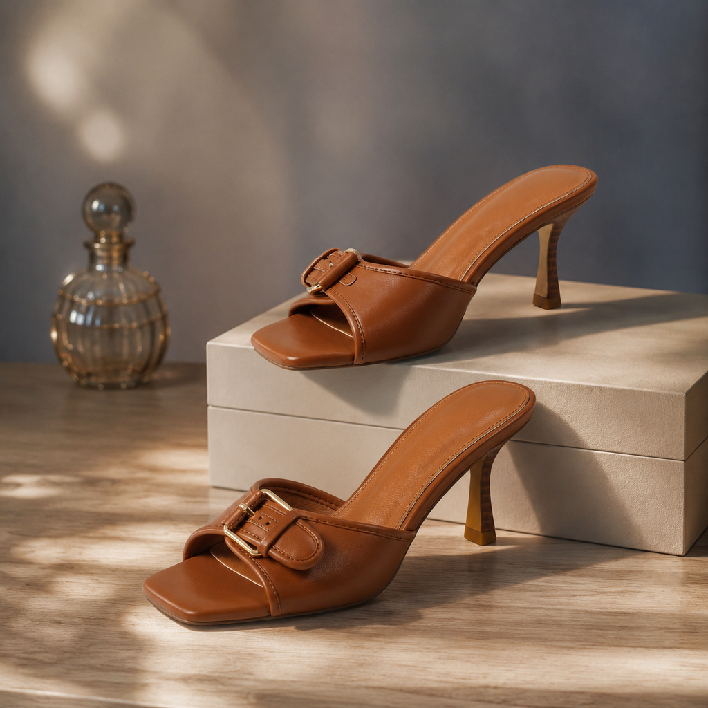 Rich Brown Women's Open-Toe Flared-Heel Microfiber Toe-Strap Pumps styled scene