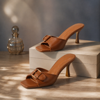 Rich Brown Women's Open-Toe Flared-Heel Microfiber Toe-Strap Pumps styled scene