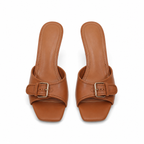 Rich Brown Women's Open-Toe Flared-Heel Microfiber Toe-Strap Pumps top view