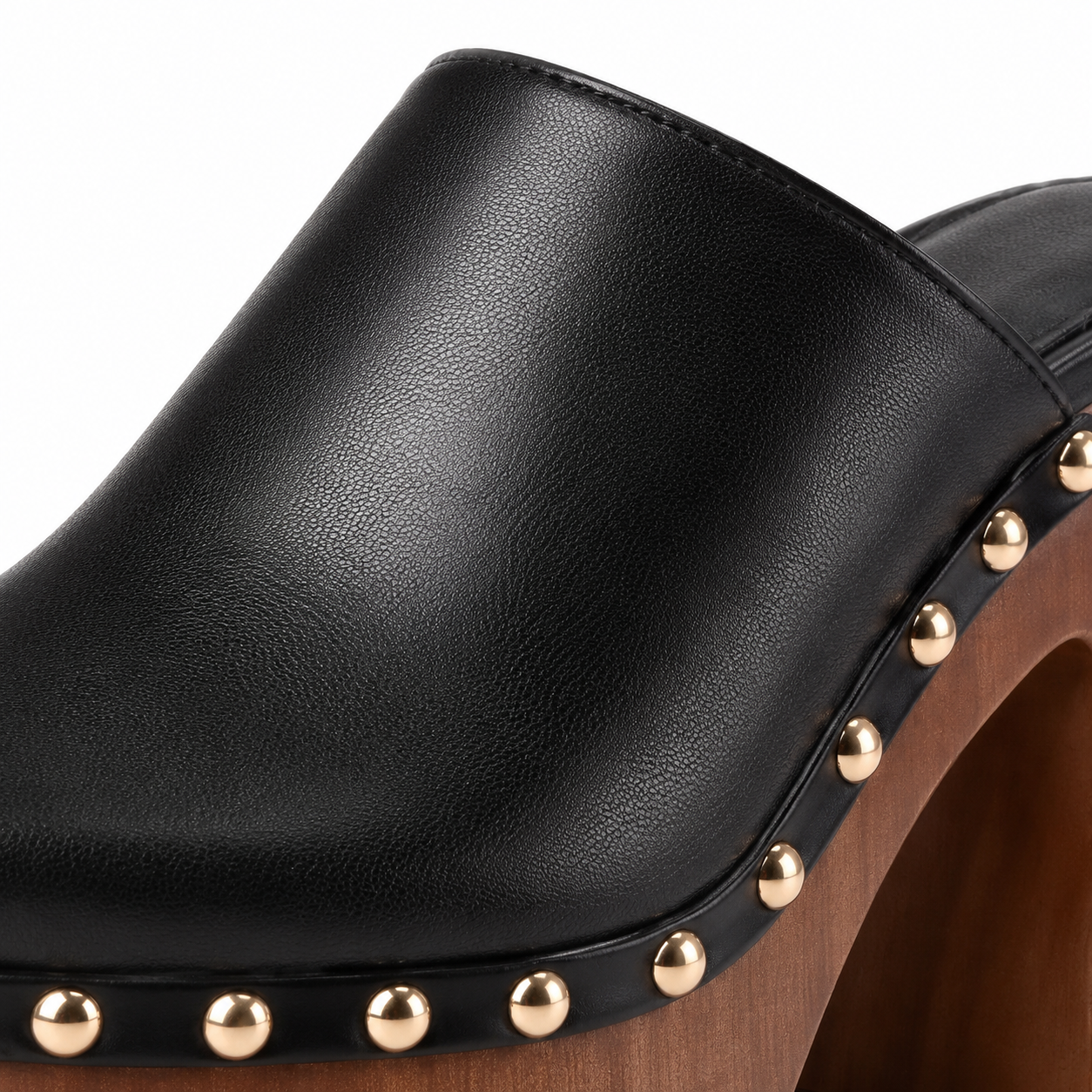Deep Black Women's Round-Toe Faux Leather Slip-On Mule Pumps close-up detail