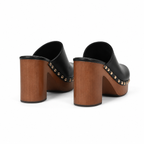 Deep Black Women's Round-Toe Faux Leather Slip-On Mule Pumps heel detail