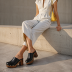 Deep Black Women's Round-Toe Faux Leather Slip-On Mule Pumps lifestyle scene