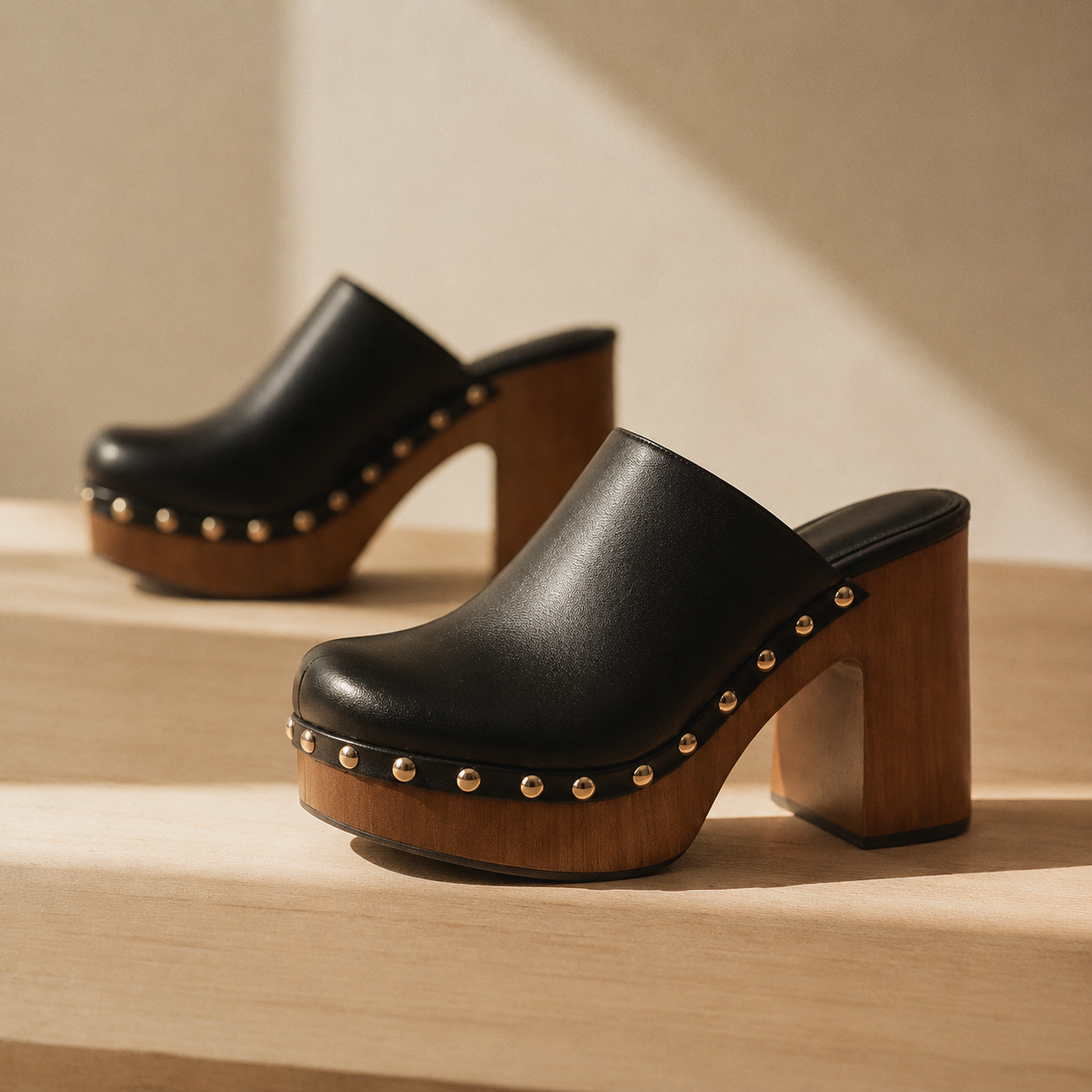 Deep Black Women's Round-Toe Faux Leather Slip-On Mule Pumps styled scene