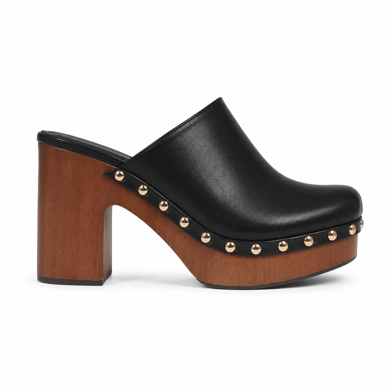 Deep Black Women's Round-Toe Faux Leather Slip-On Mule Pumps side view