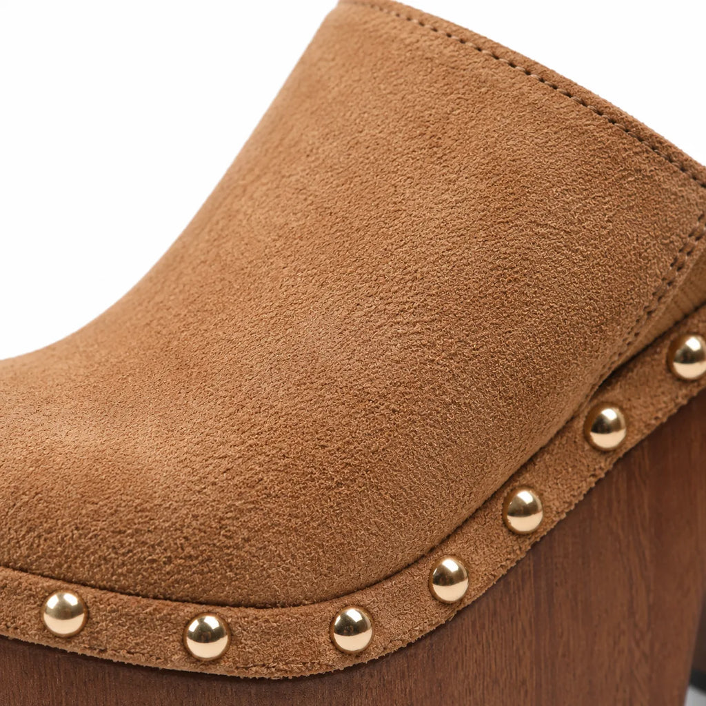 Brown Suede Paros Leather Slip-On Mules close-up detail