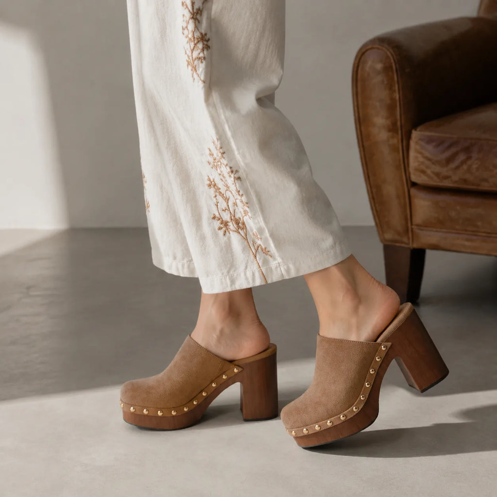 Brown Suede Paros Leather Slip-On Mules on-foot view