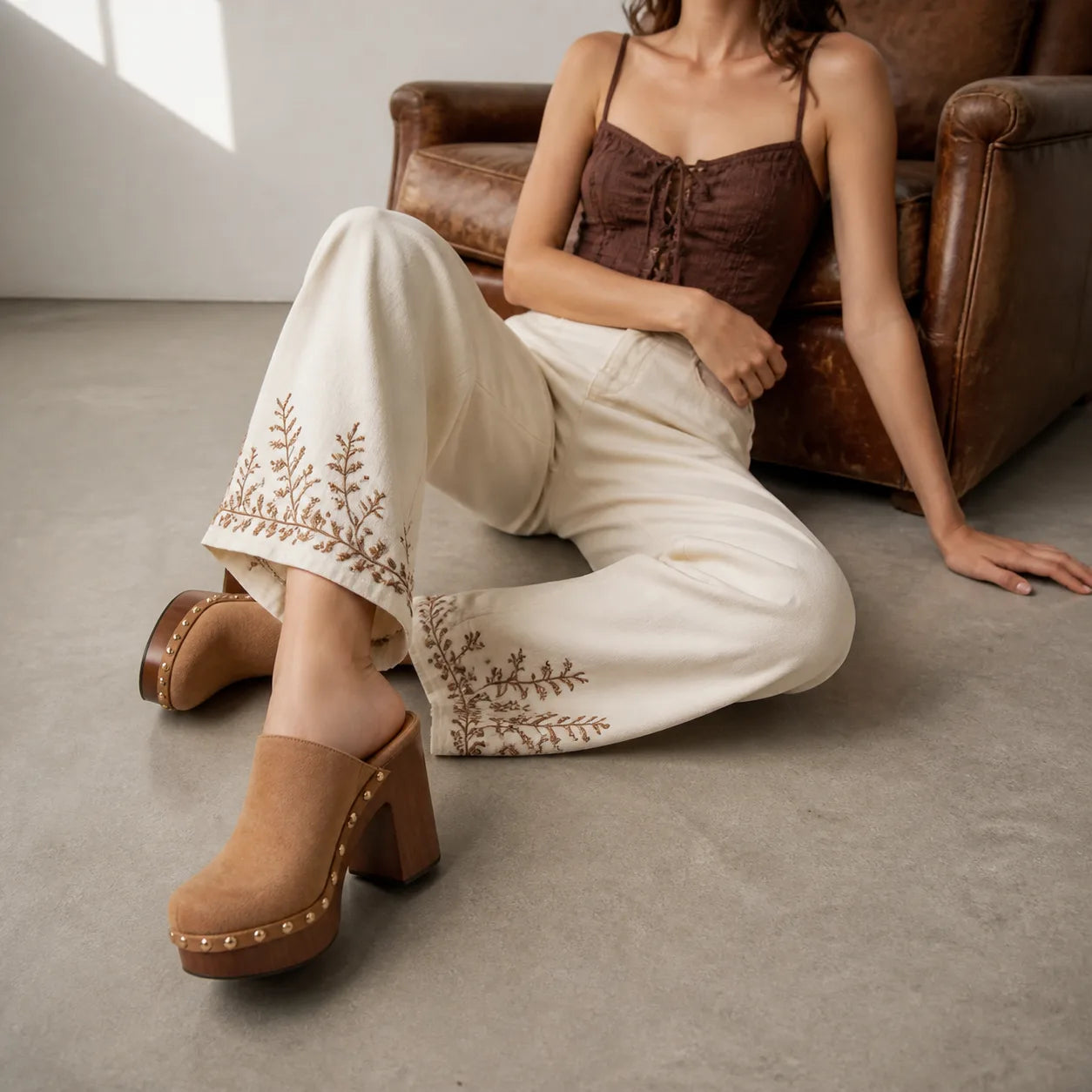 Brown Suede Paros Leather Slip-On Mules lifestyle scene