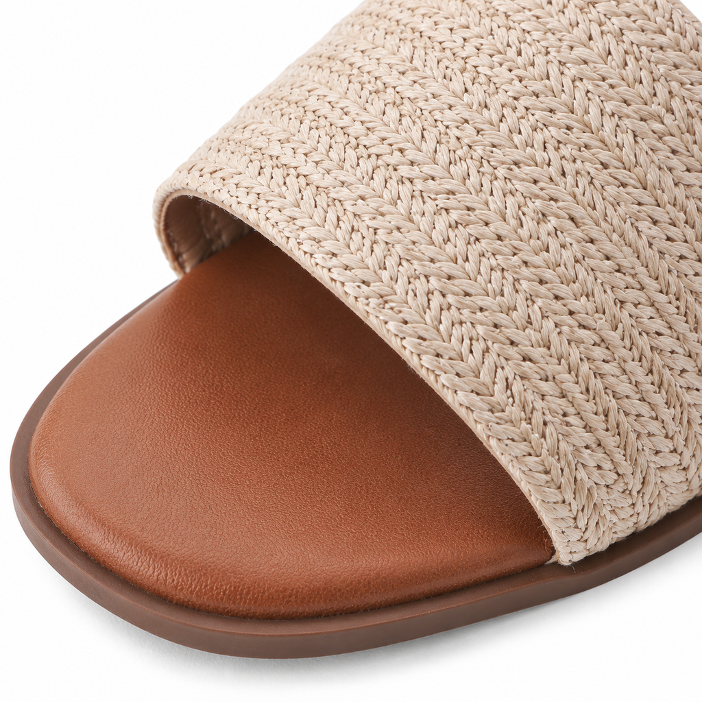Warm Beige Women's Open-Toe Flat Straw Slip-On Sandals close-up detail