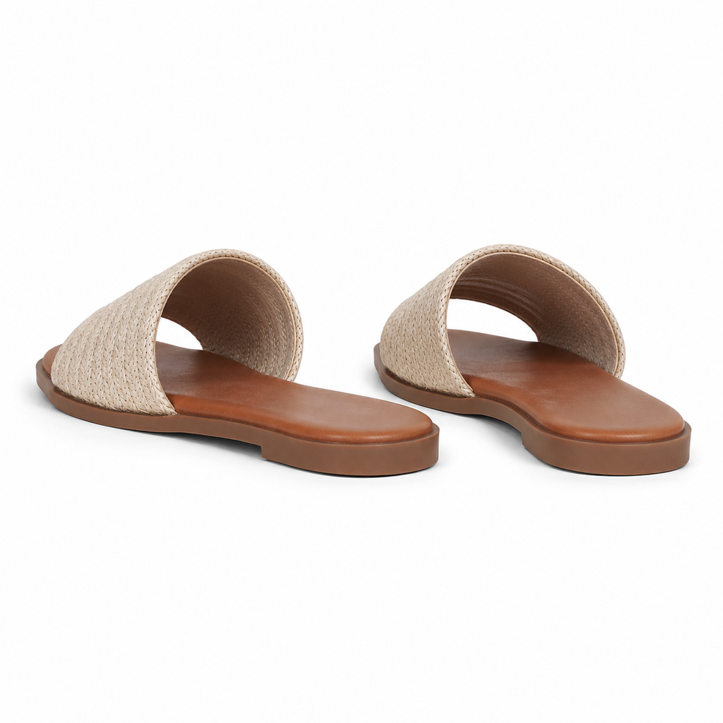 Warm Beige Women's Open-Toe Flat Straw Slip-On Sandals heel detail