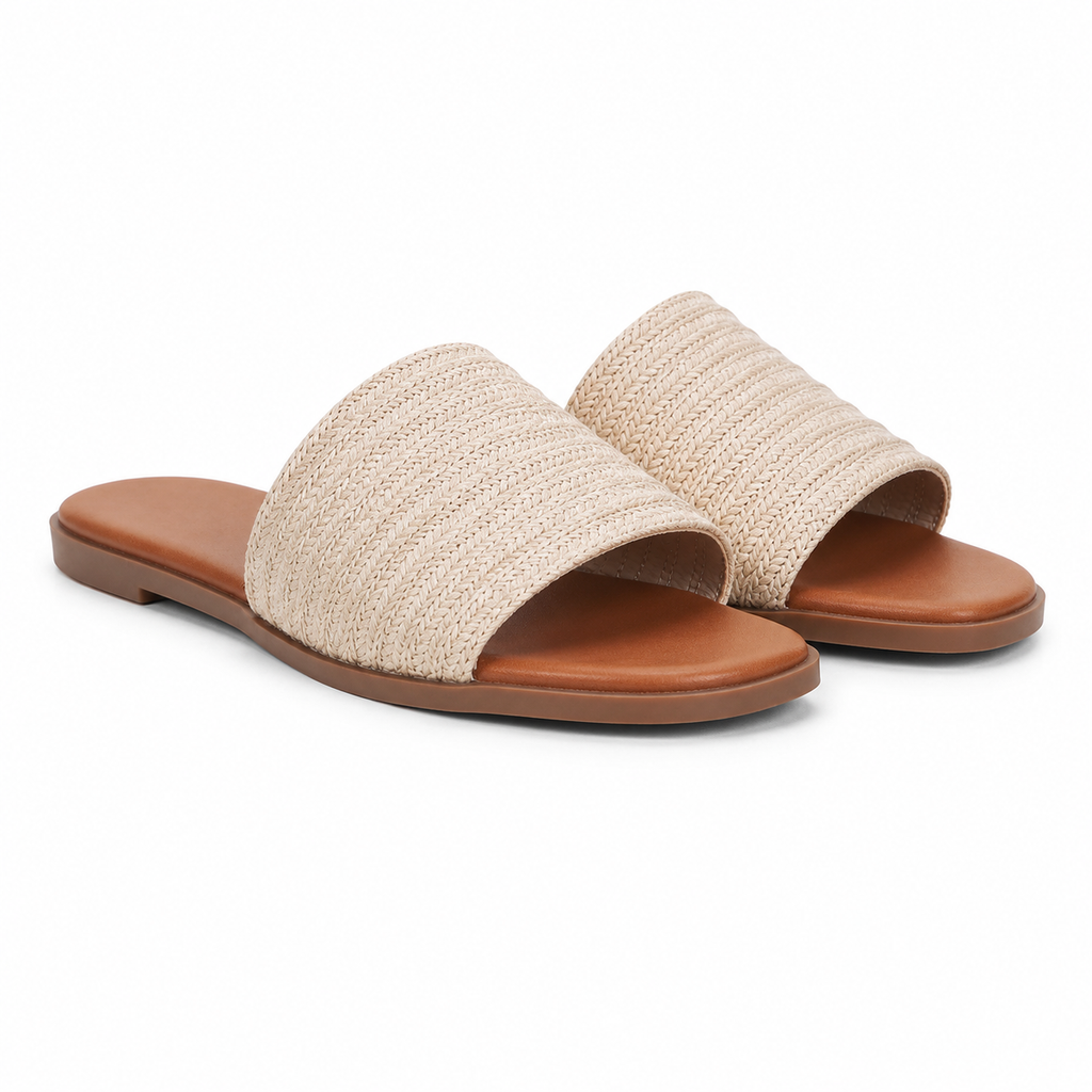 Warm Beige Women's Open-Toe Flat Straw Slip-On Sandals