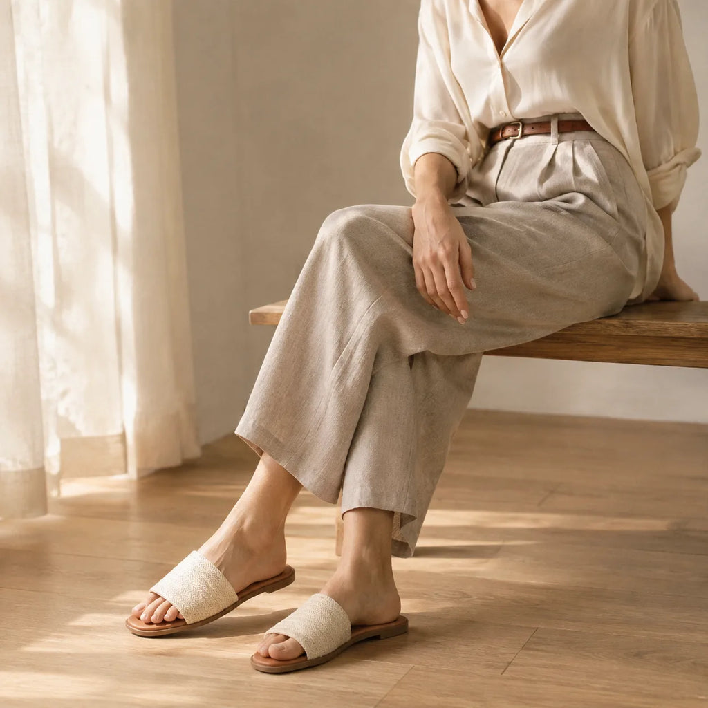 Warm Beige Salina Straw Slip-On Sandals lifestyle scene