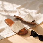 Warm Beige Salina Straw Slip-On Sandals styled scene
