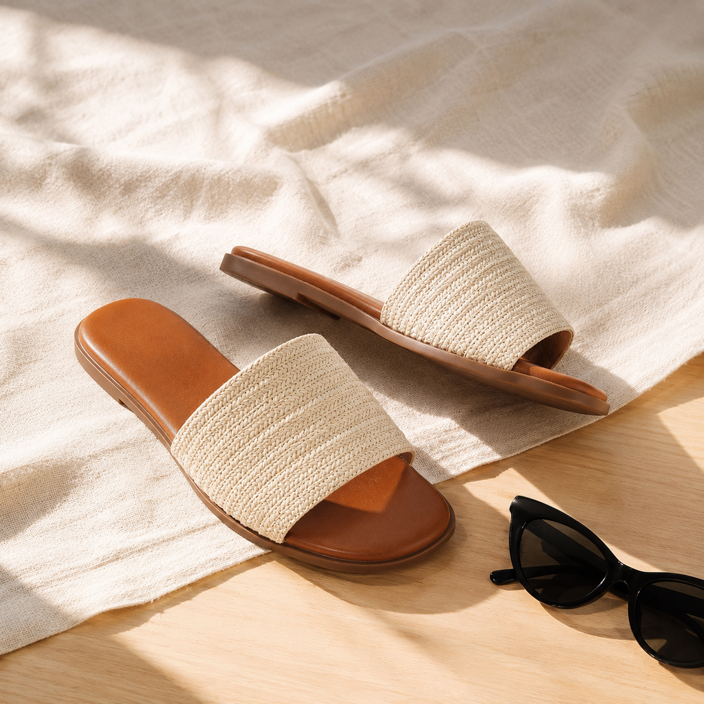 Warm Beige Women's Open-Toe Flat Straw Slip-On Sandals styled scene