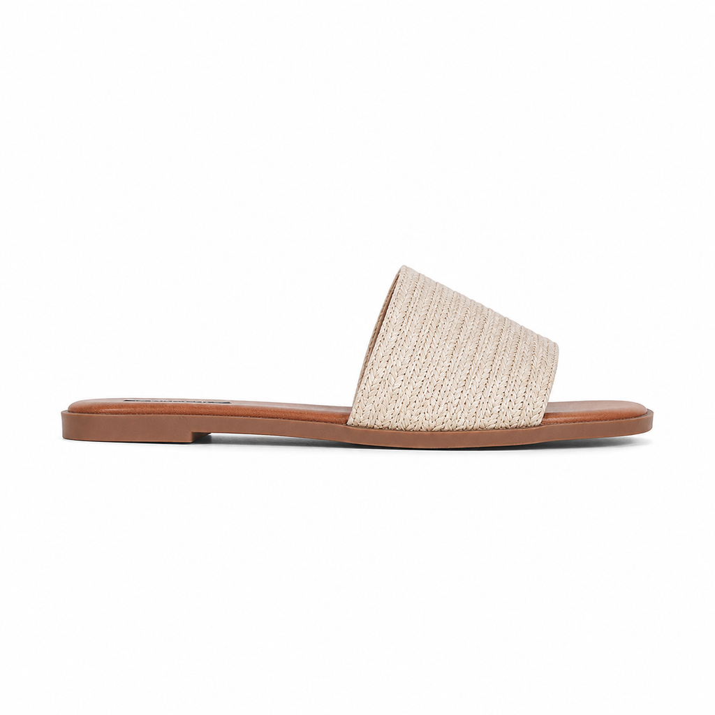 Warm Beige Women's Open-Toe Flat Straw Slip-On Sandals side view