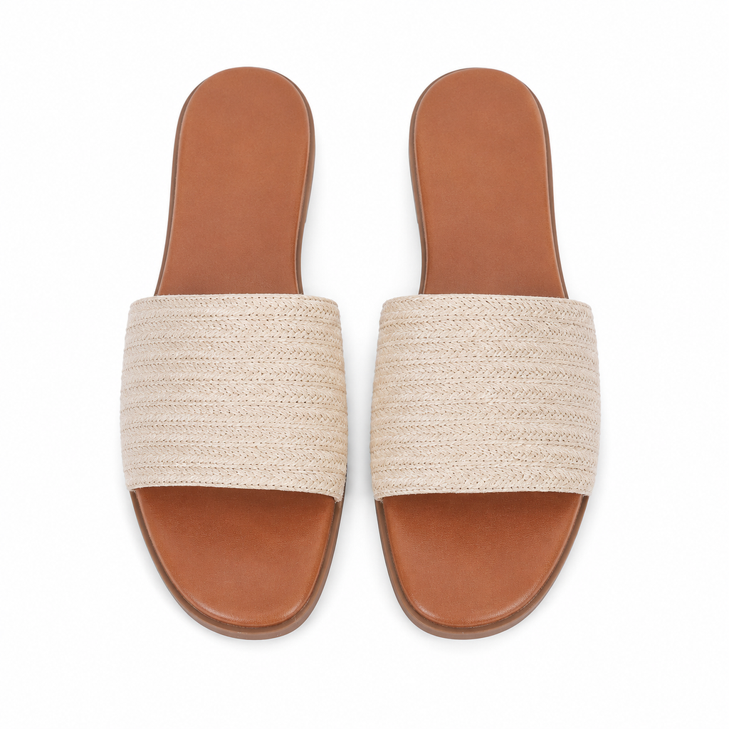 Warm Beige Women's Open-Toe Flat Straw Slip-On Sandals top view