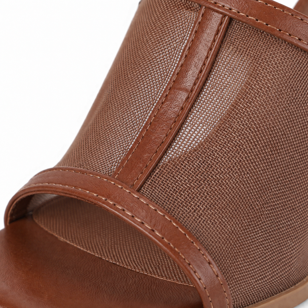 Rich Brown Women's Square-Toe High-Heel Mesh Slip-On Mule Pumps close-up detail
