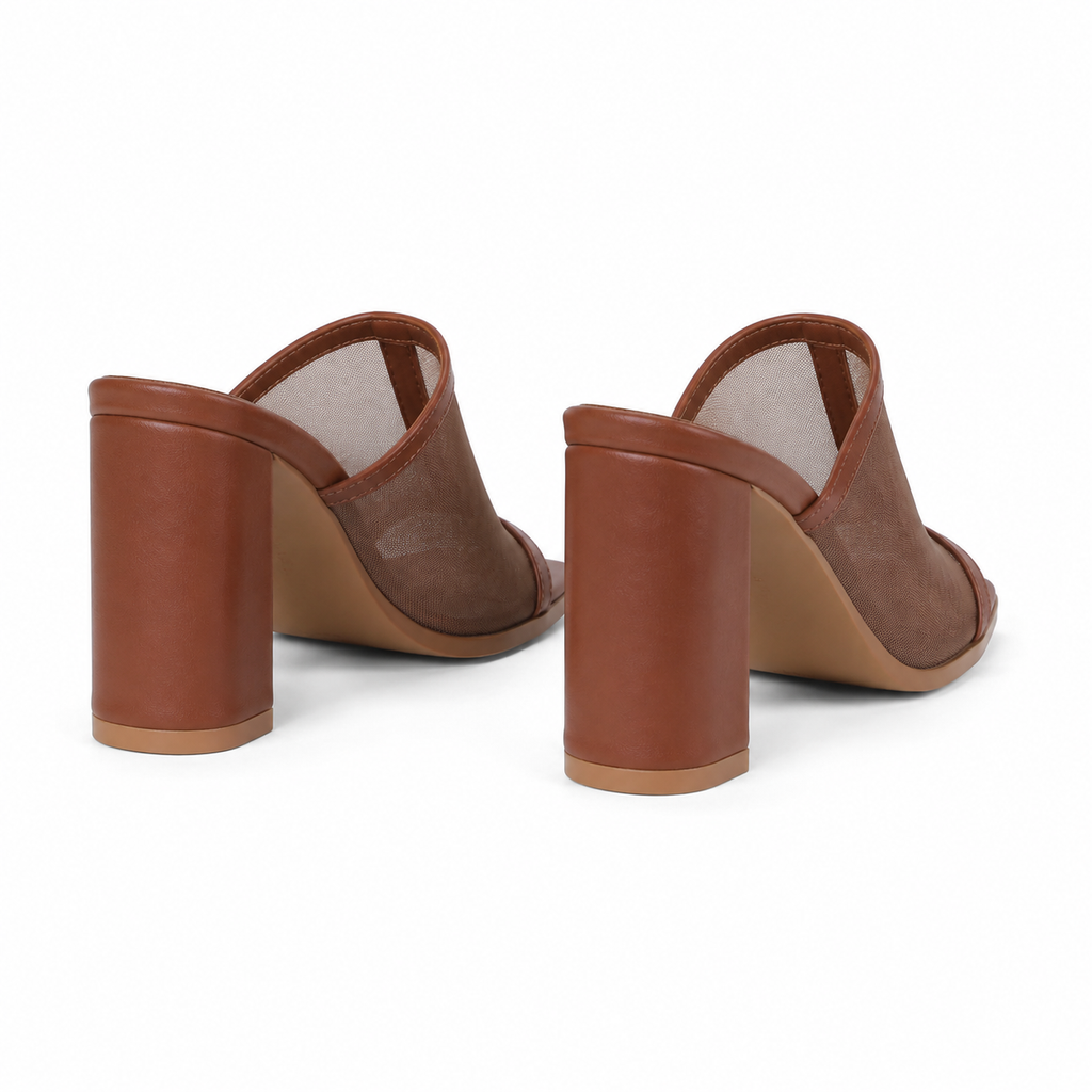 Rich Brown Women's Square-Toe High-Heel Mesh Slip-On Mule Pumps heel detail