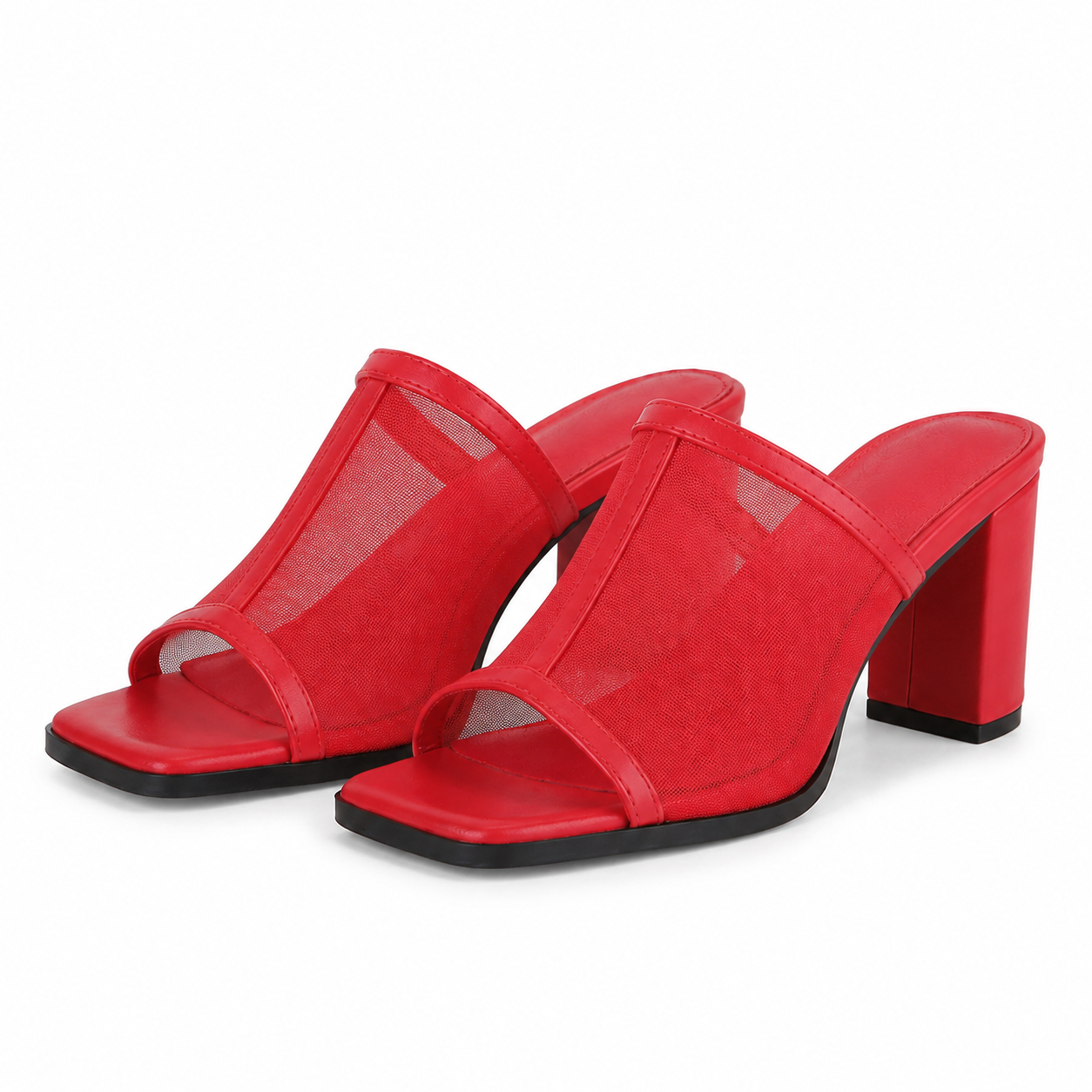 Deep Red Women's Square-Toe High-Heel Mesh Slip-On Mule Pumps