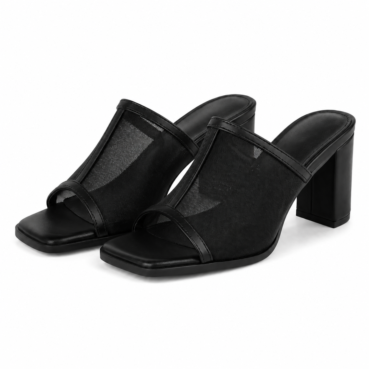 Deep Black Women's Square-Toe High-Heel Mesh Slip-On Mule Pumps