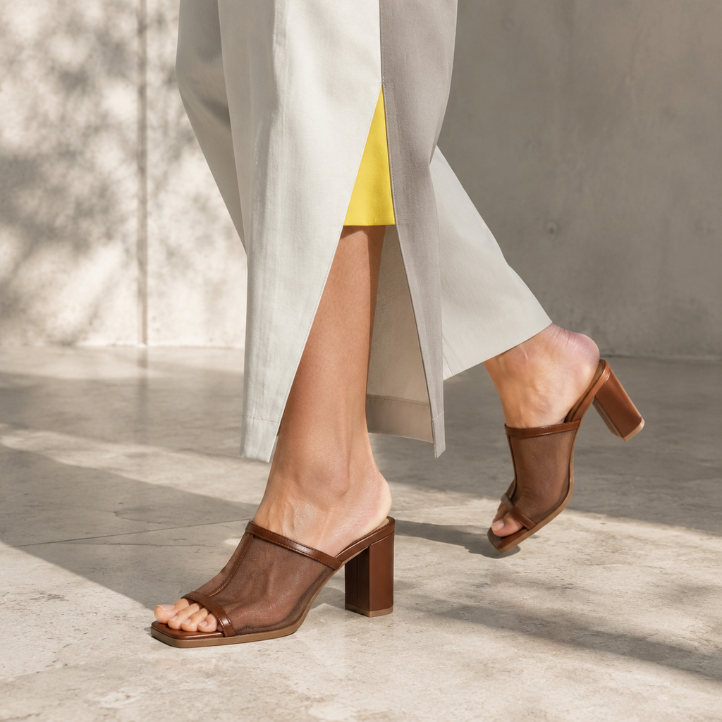 Rich Brown Women's Square-Toe High-Heel Mesh Slip-On Mule Pumps on-foot view