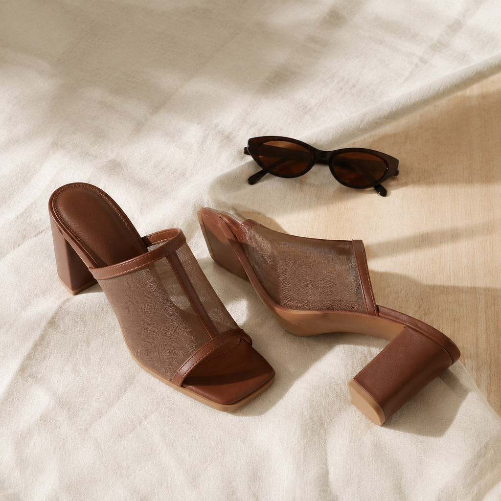 Rich Brown Women's Square-Toe High-Heel Mesh Slip-On Mule Pumps styled scene