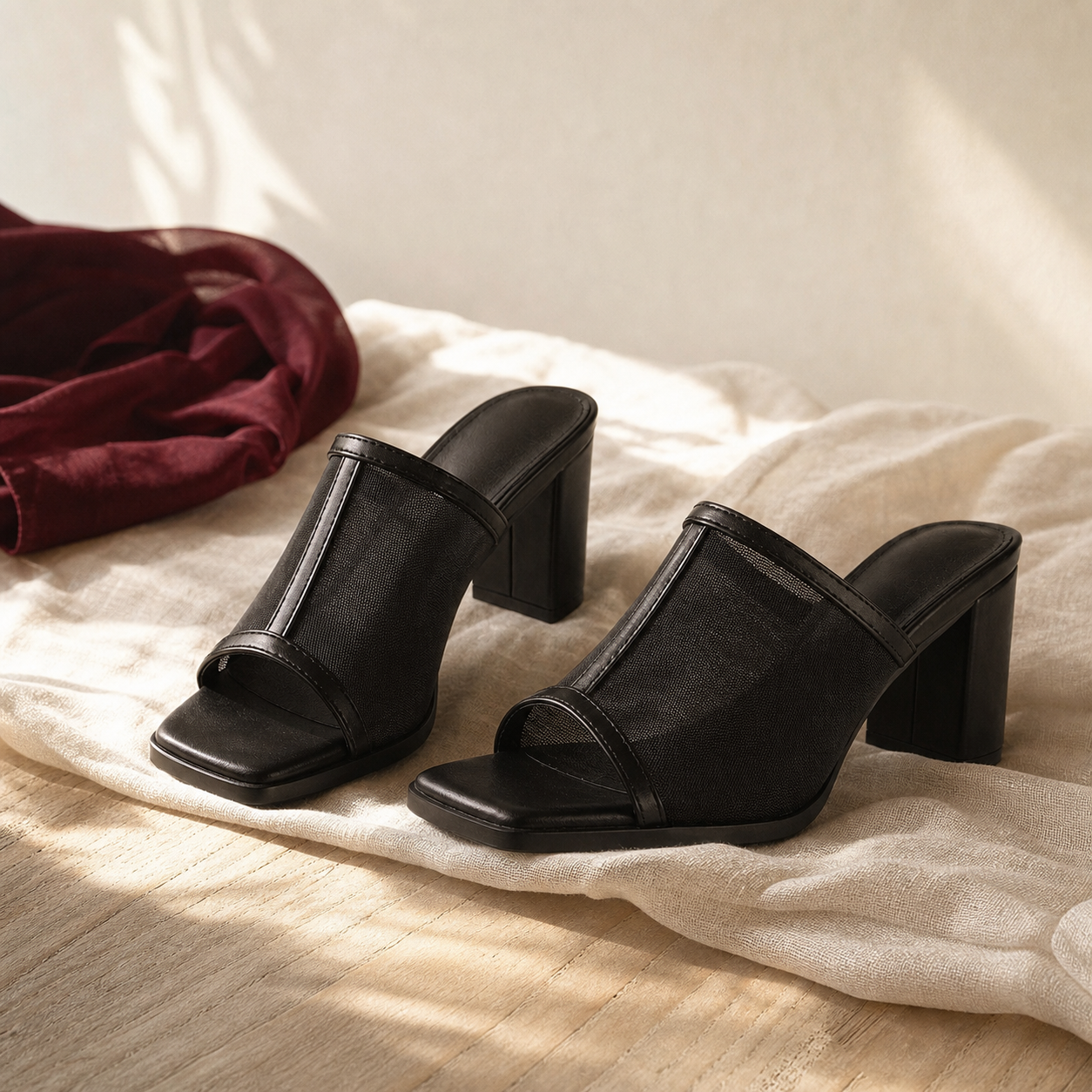 Deep Black Women's Square-Toe High-Heel Mesh Slip-On Mule Pumps styled scene