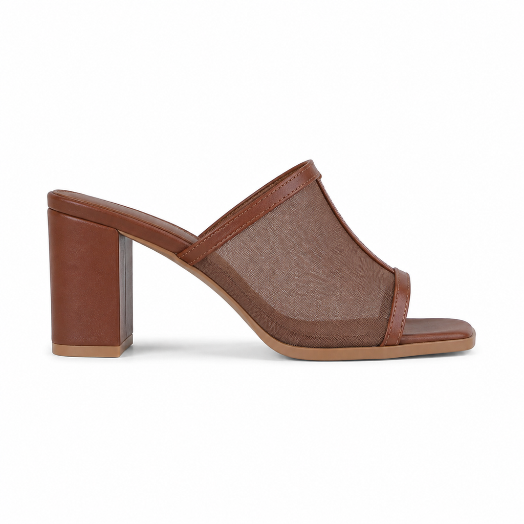 Rich Brown Women's Square-Toe High-Heel Mesh Slip-On Mule Pumps side view