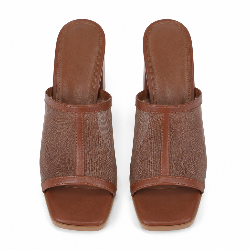 Rich Brown Women's Square-Toe High-Heel Mesh Slip-On Mule Pumps top view