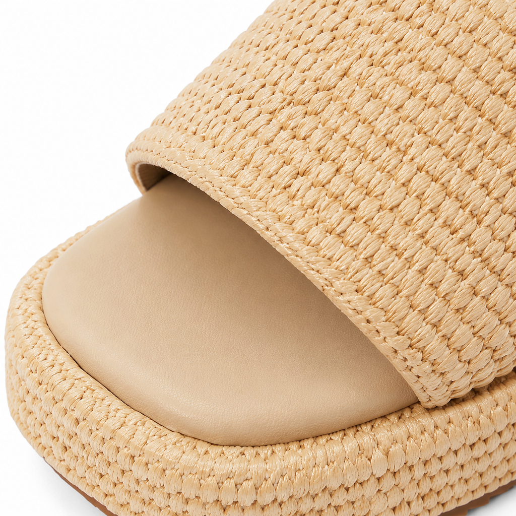 Soft Apricot Women's Open-Toe Raffia Slip-On Wedge Sandals close-up detail