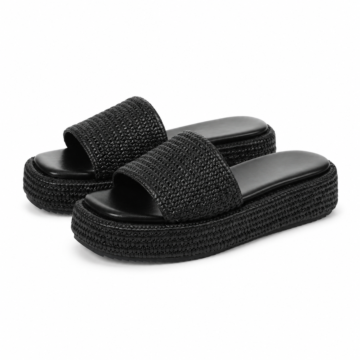 Deep Black Women's Open-Toe Raffia Slip-On Wedge Sandals