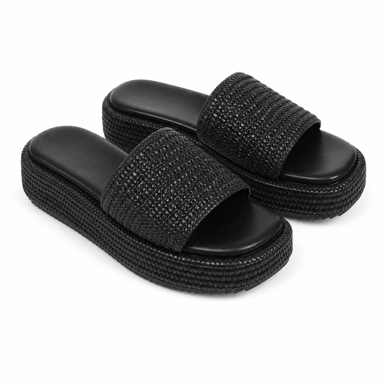 Deep Black Faro Raffia Platform-Wedge Slides