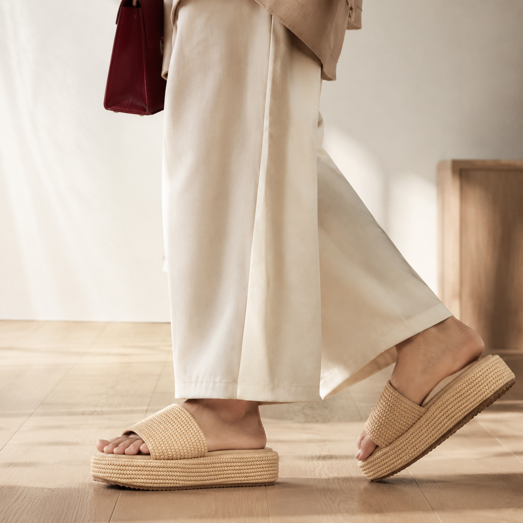Soft Apricot Women's Open-Toe Raffia Slip-On Wedge Sandals on-foot view