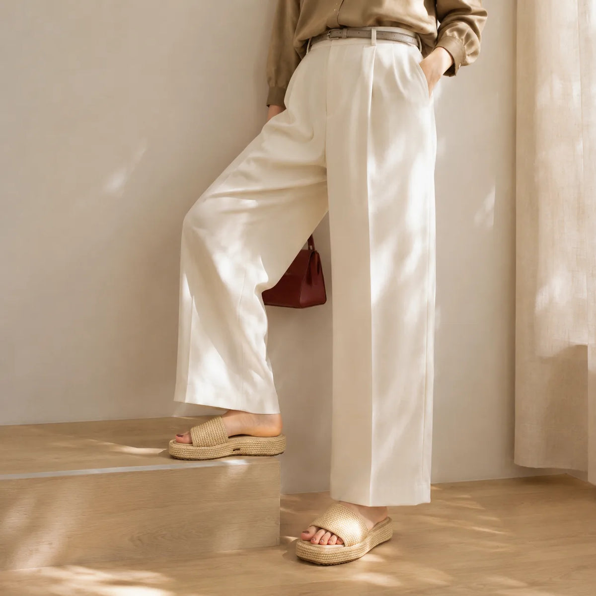 Soft Apricot Faro Raffia Platform-Wedge Slides lifestyle scene