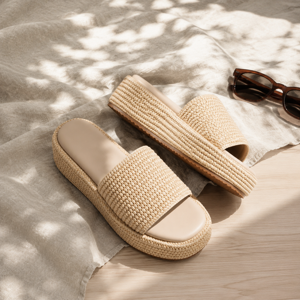 Soft Apricot Women's Open-Toe Raffia Slip-On Wedge Sandals styled scene