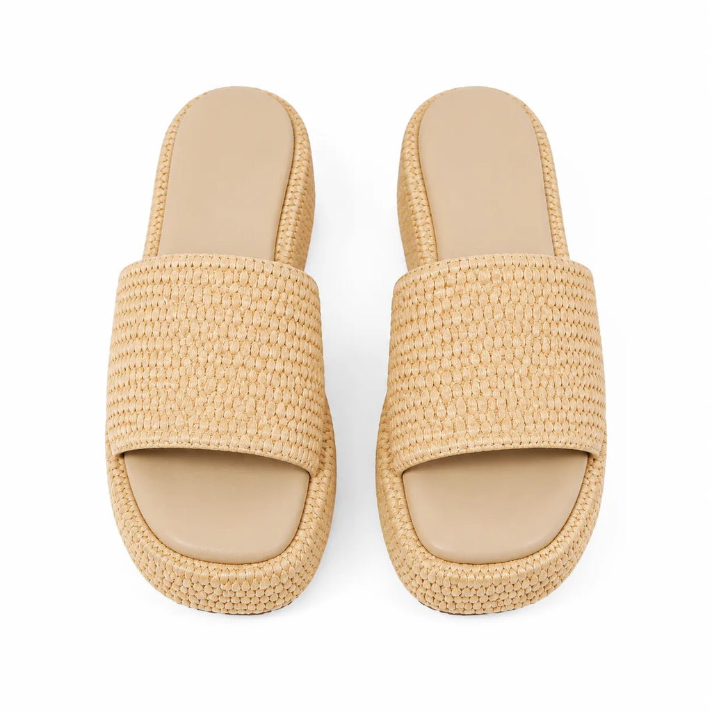 Soft Apricot Faro Raffia Platform-Wedge Slides top view