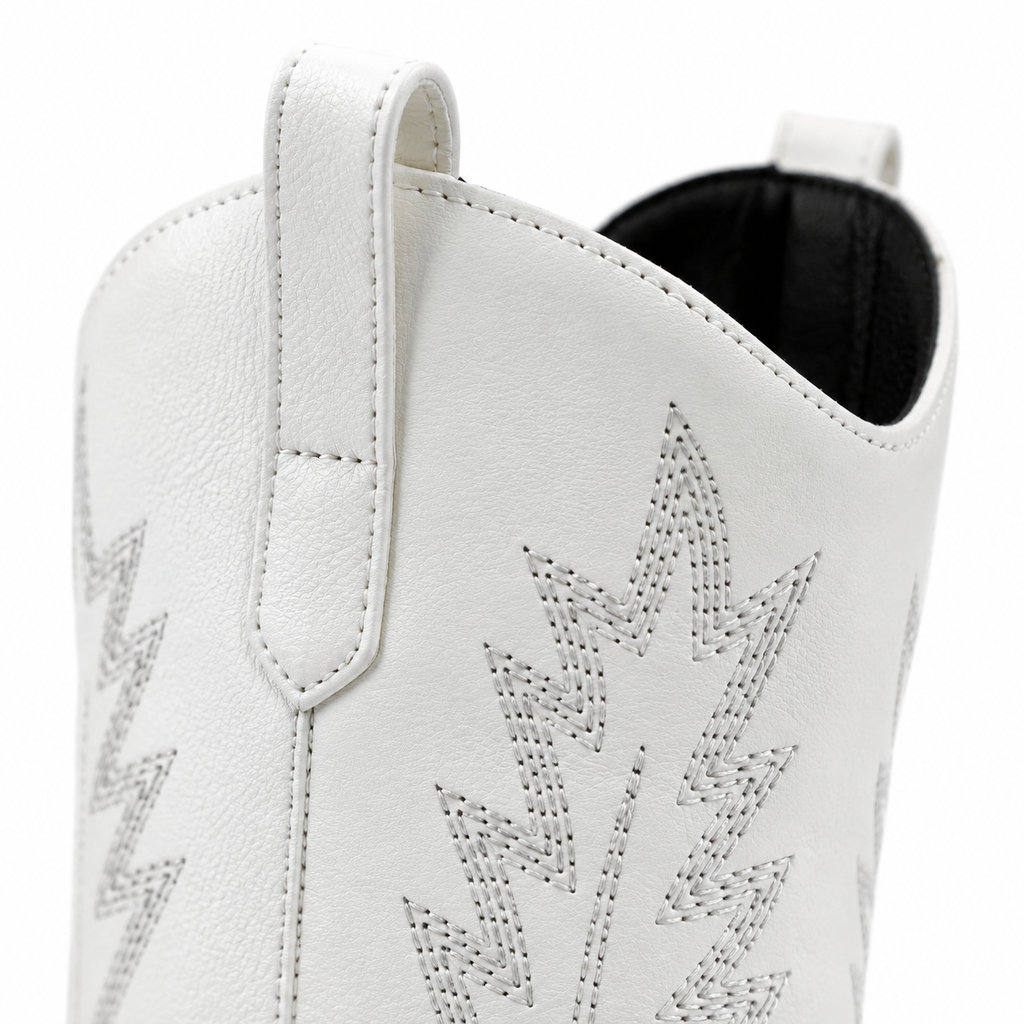 Cream Ivory Women's Snip-Toe Block-Heel Leather Embroidered Knee-High Boots close-up detail