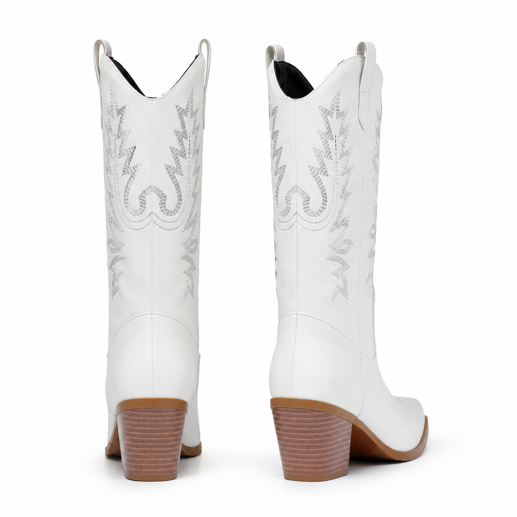Cream Ivory Women's Snip-Toe Block-Heel Leather Embroidered Knee-High Boots heel detail