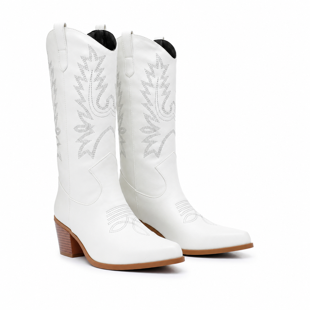 Cream Ivory Women's Snip-Toe Block-Heel Leather Embroidered Knee-High Boots