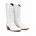 Cream Ivory Women's Snip-Toe Block-Heel Leather Embroidered Knee-High Boots