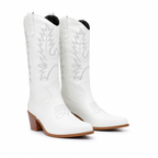 Cream Ivory Women's Snip-Toe Block-Heel Leather Embroidered Knee-High Boots