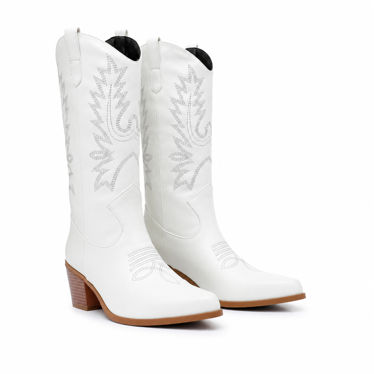 Cream Ivory Women's Snip-Toe Block-Heel Leather Embroidered Knee-High Boots