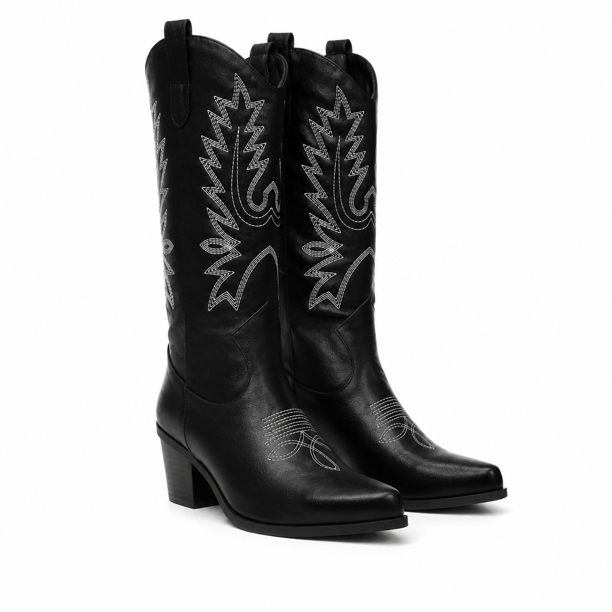 Deep Black Women's Snip-Toe Block-Heel Leather Embroidered Knee-High Boots