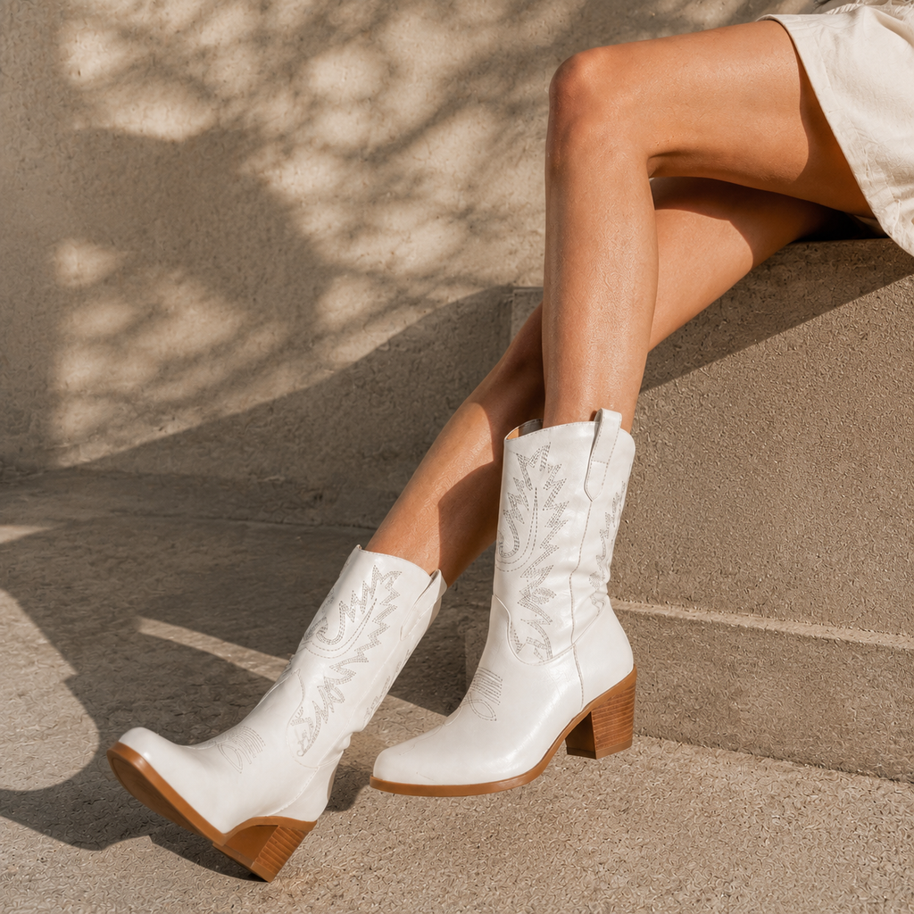 Cream Ivory Women's Snip-Toe Block-Heel Leather Embroidered Knee-High Boots on-foot view