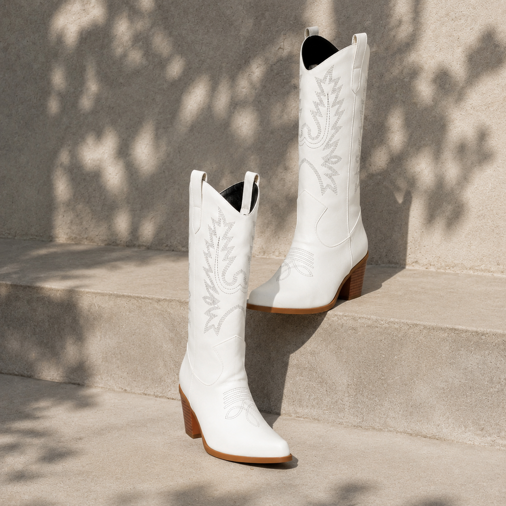 Cream Ivory Women's Snip-Toe Block-Heel Leather Embroidered Knee-High Boots styled scene