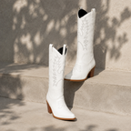 Cream Ivory Women's Snip-Toe Block-Heel Leather Embroidered Knee-High Boots styled scene
