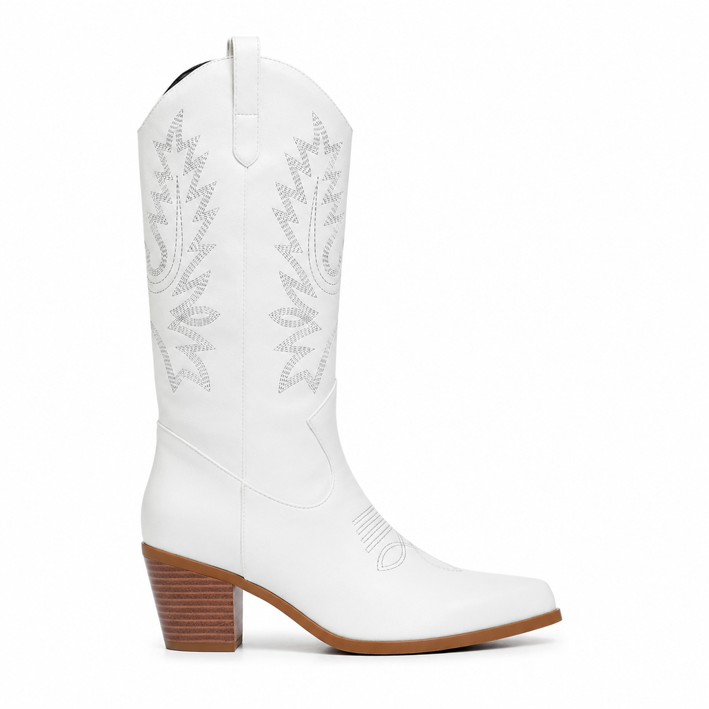 Cream Ivory Women's Snip-Toe Block-Heel Leather Embroidered Knee-High Boots side view