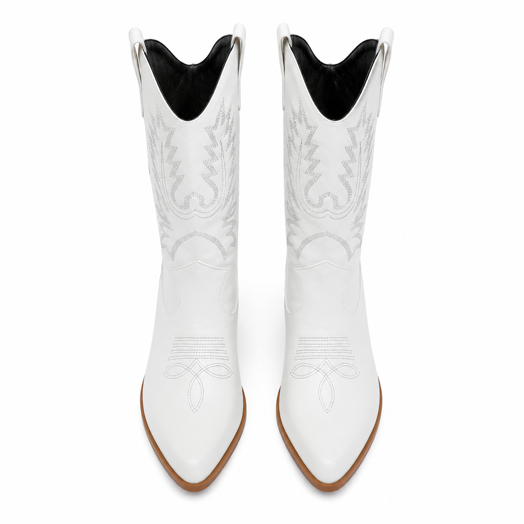 Cream Ivory Women's Snip-Toe Block-Heel Leather Embroidered Knee-High Boots top view