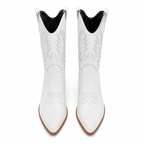 Cream Ivory Women's Snip-Toe Block-Heel Leather Embroidered Knee-High Boots top view